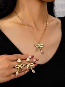 1 Pair Crystal Bowknot Earrings + 1pc Snake Shape Bowknot Necklace, Fashionable And Elegant Simple Bowknot Daily Wear Jewelry Set - Bow Earrings and Necklace Set - View 1