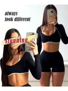 OZICERD Women Black Backless Long Sleeve Workout Tops Gym Shirt Athletic Clothes Built In Bra With Removable Pad Open Back Workout Crop Top Yoga Top Sport Gym Tops Contrast Binding 2 In 1 Compression Shirts Halter Going Out Tops For Women - 黑色 - 查看 4