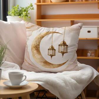 1 件简约新月灯笼设计粉色几何大理石印花抱枕套，柔软桃色天鹅绒面料，单面印花，45*45 厘米，室内派对装饰礼物