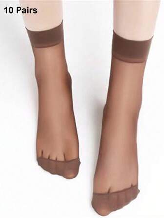 10 Pairs Women's Short, Thin Stockings, Sheer Black & Skin-Tone Crystal Short Socks, Transparent, Versatile & Casual, For Spring/Summer