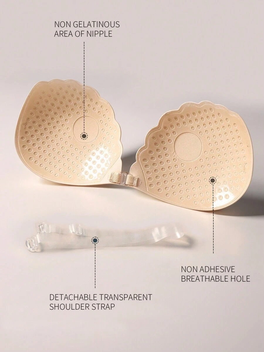 3/1 pièce Coussinets de soutien-gorge invisibles autoadhésifs en dentelle, cache-tétons rehaussant le décolleté sans bretelles avec des sangles transparentes - Nude - Voir 1
