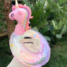 1pc Inflatable Sequins Unicorn Swimming Ring, Thick PVC Outdoor Pool Party Underarm Circle Swimming Sports Accessory - Pink - View 7