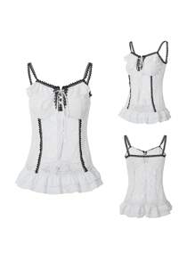 Women Street Shirt, Sleeveless V Neck Lace Floral Bow Slimming Casual Party Ruffle Suspender Tops - trắng - Xem 2