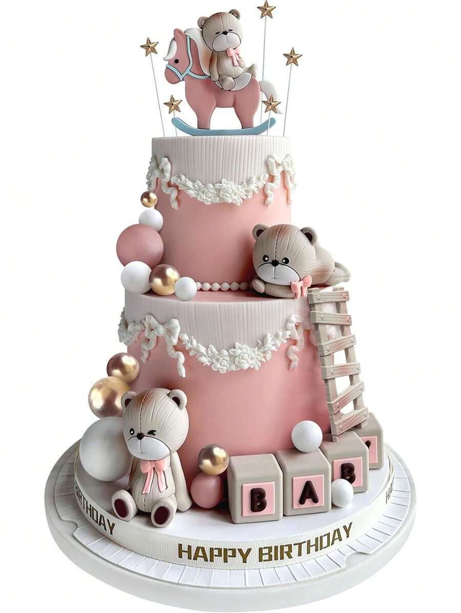24pcs Or 1pc Cute Bear Cake Toppers, Cartoon Riding Bow Bear, Cute Little Bear Cake Decorations, Light-Colored Ladder Cake Decorations, Stars, Platinum Foam Ball Cake Decorations, Suitable For Baptism Parties, Gender Reveal Ceremony Cake Decorations, Birthday Party Cute Bear Theme Cake Decorations, Baby Shower Party Cake Decorations, Soft Rubber Material, Reusable (Pink) - Pink - View 1