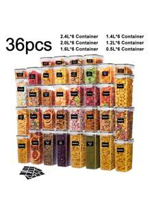36 piezas Recipientes herméticos para almacenamiento de alimentos para organización y almacenamiento de despensa de cocina, recipientes de almacenamiento de cocina de plástico con tapas para harina, azúcar y cereales, etiquetas y marcador