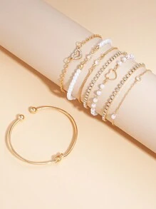 Set de joyería de 13/11/8 piezas, elegantes brazaletes dorados imitación de perla y pulsera abierta en forma de corazón, para uso diario y fiestas, accesorio multicapa, estilo vintage y elegante