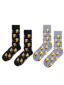 2 Pairs Unisex Fashion Socks, All Season Design, Couples Matching Black And Gray Beer Patterned Casual Socks - Multicolor - View 3