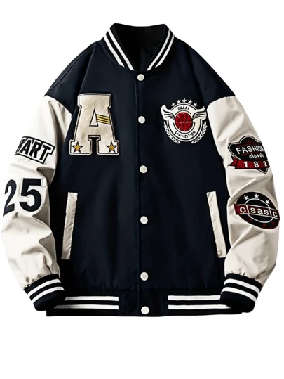 Chaqueta de béisbol universitaria de manga larga con estampado de letras y parches, estilo grunge y calle para hombre, ideal para otoño e invierno