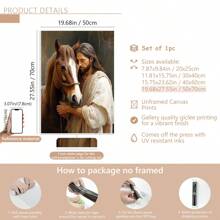 1pc Rustic Jesus And Horse Canvas Art, Gentlemanly Jesus Comforting Standing Horse, Wood/Pine Frame, Perfect For Bedroom, Living Room, Office Decor, Vertical Wall Hanging Print Gift- Posters,Wall Art,Room Decoration Stuff - Multicolor - View 14