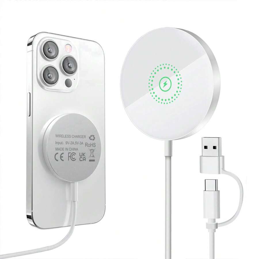 适用于 iPhone 16/15/14/13/12 系列、AirPods 4/3/2/Pro 磁力垫的磁性无线充电器，带双充电端口，适用于 Pixel、Galaxy 等，支持无线充电的各种电子产品 - 白色 - 查看 1