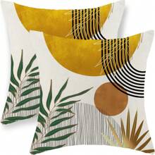 2 PIÈCES Taie d'oreiller de style bohème Abstrait Coucher de soleil doré vert sapin Taie d'oreiller extérieure de style médiéval bohème tropical à motif de feuilles Décorations de ferme Housse de coussin de canapé sans rembourrage sur un côté