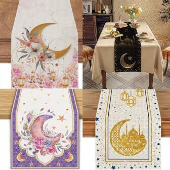斋月亚麻新月印花桌布，家居装饰派对节日氛围桌旗