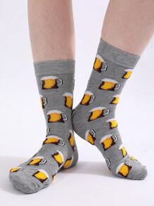 2 Pairs Unisex Fashion Socks, All Season Design, Couples Matching Black And Gray Beer Patterned Casual Socks - Multicolor - View 5