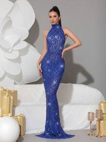 Modphy Luxury Sparkling Crystal Rhinestone High Neck Mesh Bodycon Dress, Formal Bridesmaid Gown, Wedding Guest Dress, Evening Gown Spring Elegant Party - Royal Blue - View 2