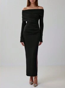 1pc Women Elegant Off Shoulder Long Sleeve Fitted Ruched Long Dress With Side Slit, Back To School For Autumn/Winter, Bardot Design For Christmas & New Year Eve Party Outfit Valentine's Day Party Dress