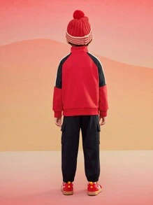 Balabala Young Boys 2 Pieces Outfit, 2025 New Year Fleece Tracksuit - Chinese Red - View 2