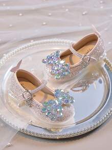 1 par de zapatos de tacón alto con cristales y lentejuelas para niñas, zapatos de princesa con lazo de cristal, suela blanda, adecuados para atuendos diarios, vestidos formales, actuaciones en el escenario, en todas las estaciones - Rosa - Ver 3