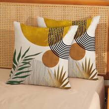 2 PIÈCES Taie d'oreiller de style bohème Abstrait Coucher de soleil doré vert sapin Taie d'oreiller extérieure de style médiéval bohème tropical à motif de feuilles Décorations de ferme Housse de coussin de canapé sans rembourrage sur un côté