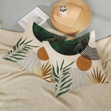 2 PIÈCES Taie d'oreiller de style bohème Abstrait Coucher de soleil doré vert sapin Taie d'oreiller extérieure de style médiéval bohème tropical à motif de feuilles Décorations de ferme Housse de coussin de canapé sans rembourrage sur un côté