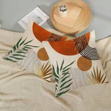 2 PIÈCES Taie d'oreiller de style bohème Abstrait Coucher de soleil doré vert sapin Taie d'oreiller extérieure de style médiéval bohème tropical à motif de feuilles Décorations de ferme Housse de coussin de canapé sans rembourrage sur un côté