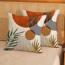 2 PIÈCES Taie d'oreiller de style bohème Abstrait Coucher de soleil doré vert sapin Taie d'oreiller extérieure de style médiéval bohème tropical à motif de feuilles Décorations de ferme Housse de coussin de canapé sans rembourrage sur un côté