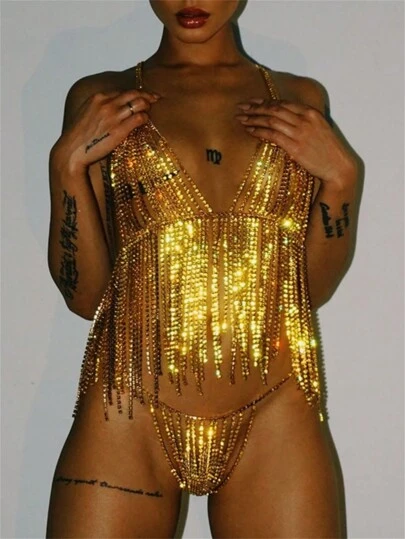 镀金水晶装饰上衣和细绳丁字裤身体链配饰