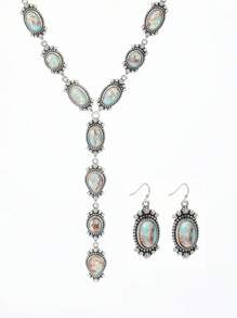 1 Set Women's Vintage Bohemian Western Style Necklace & Earrings, Faux Stone Jewelry Set, Fashion Accessory Suitable For Autumn/Winter, Daily Wear, Vacation, Holidays - Antique Silver Imitation Jade Color - View 2