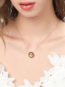1pc Minimalist Gold Roman Numeral Rhinestone Circle Pendant Necklace - Yellow Gold - View 5