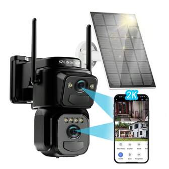 Schwarze 1PCS-2K-Solarüberwachungskamera, kabellos, für den Außenbereich, 2,4 GHz/5 GHz Dualobjektiv-WLAN-Überwachungskamera und 360° PTZ-Solarkamera, verwendet für die Überwachung von Zuhause/Büro, ausgestattet mit Farbnachtsicht, PIR-Personenerkennung, Zweiwege-Audio, automatischer Verfolgung, 355° horizontaler und 90° vertikaler Drehung, Scheinwerfern/Alarm, SD-Karte/Dual-Speicher-Cloud, geeignet für verschiedene Weihnachtsgeschenke.