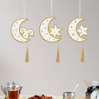 1 pièce/3 pièces Décoration murale en bois avec franges, croissant de lune et étoile pour le Ramadan, plaque de bois ajourée