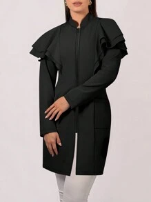 cimmuovere 双口袋开襟长袖喇叭形纯色实验服护士制服外套，适用于医院、牙科诊所、美容院、心理咨询师等，黑色 - 黑色 - 查看 5