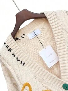 Embroidered Sweater Women's Fall Autumn Winter Letter Design Loose Knit Coat Fashion Autumn And Winter New Letter Design Loose Sweater Coat Embroidery V Neck Knit Cardigan Sweater Loose Open Front Button Down Long Sleeve Sweater  Women's Embroidered Heart Cardigan Sweater Button-Down Knitted Graphic Cardigan Coat Y2K Sweater With Pockets - trắng - Xem 7