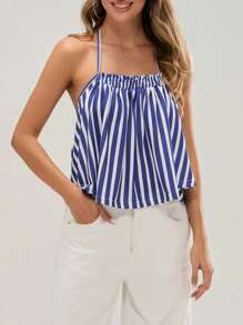 Women Halter Neck Tops Summer Striped Print Bandage Backless Shirts Vest - Blue - View 4