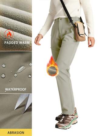 TECTOP Pantaloni de drumeție pentru femei, căptușiți termici, impermeabili, izolați, pantaloni softshell, subțiri, cu buzunare, în aer liber