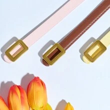 Luxury Fashion High-End Gold-Color Zinc Alloy Buckle With Solid Color PU Leather Small Belt, Casual Cute Elegant Sexy Business Party Versatile Decoration For All Season Outfit Summer, School Fall, Autumn, Halloween