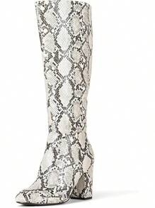 Women's High-Heeled Knee-High Boots, Snakeskin Boots, Chunky Heeled Boots, High Boots, Fashionable And Unique, Versatile Women's Boots For Autumn And Winter - 蛇紋仿皮 - 查看 1