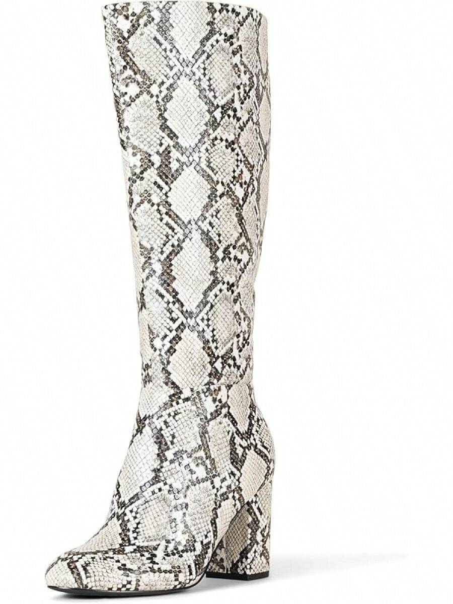 Women's High-Heeled Knee-High Boots, Snakeskin Boots, Chunky Heeled Boots, High Boots, Fashionable And Unique, Versatile Women's Boots For Autumn And Winter - 蛇紋仿皮 - 查看 1