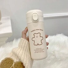 1pc 350/450ML/11.8/15.2oz Cute Bear Design Vacuum Insulated Water Bottle,Portable Tumbler Ideal For Students And Workers, Also A Creative Gift, Upright Stainless Steel Flask With Bounce Lid