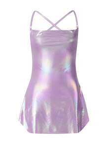 Women Shiny Spaghetti Strap Dress Solid Color Sleeveless Backless Party Dress For Cocktail Nightclub Beach - Màu tím - Xem 7