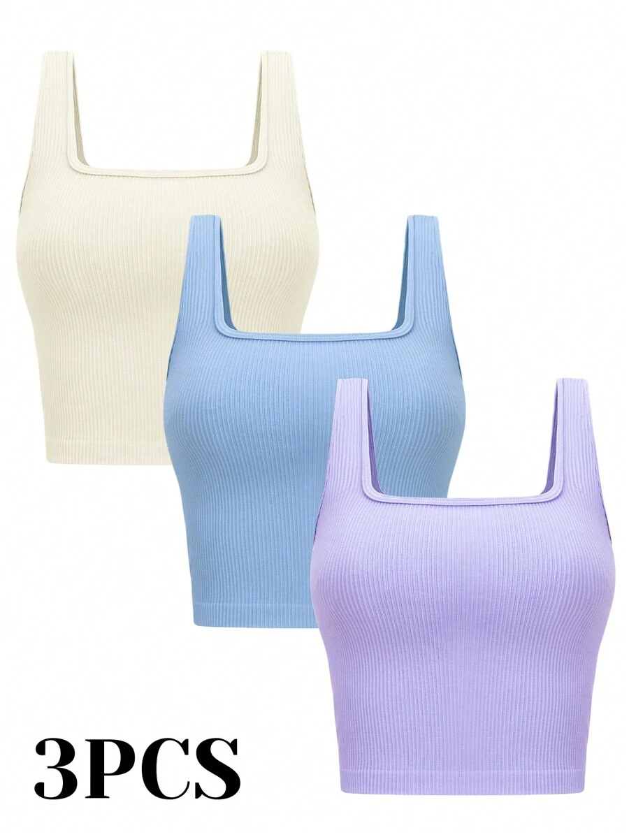 VVX 3 Piece Women's Tank Tops Ribbed Seamless Workout Exercise Shirts Yoga Crop Tops Sleeveless Square Neck Workout Top Summer Exercise Yoga Gym Shirts - Trắng nhạt/xanh nhạt/tím nhạt - Xem 1