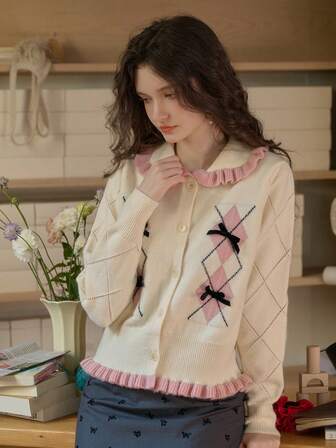 Simple Retro Damen Kuschelpull mit Spitze-Einsatz, Schleife und Colour Blocking