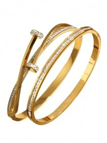 2 piezas Elegantes brazaletes de acero inoxidable con baño de oro con forma de corazón, a prueba de agua y antifading, joyería para mujer, regalo para el Día de San Valentín, mamá, madre, Día de la Madre - pulsera - Ver 11