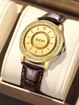 DOM 1 Stück Damen Uhr mit Strass - einzigartiges rotierendes magnetisches Perlen-Design in goldenem Klassik-Stil, Armband aus braunem Leder, Valentinstag Geschenk für sie, geeignet für täglichen Gebrauch und besondere Anlässe, essentielles Modeaccessoire