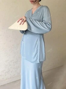 2pcs Set Elegant Women's Fashion Personalized Long Sleeve Retro Printed Satin V-Neck Dress Suit, Retro Top & Skirt