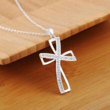Beautiful Silver Necklace - Cross With White CZ Crystals Silver - Silver - View 2