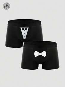 2pcs Men's Black Graphic Print Sexy Briefs, Elastic Daily Underwear - Black - View 1