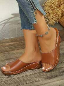 Plus Size 36-45 Summer Fashion Casual Open Toe White Thick-Sole Slip-On Flat Sandals, White Roman Style, Lightweight Comfortable Versatile Women Wedge Sandals For Outdoor Daily Wear