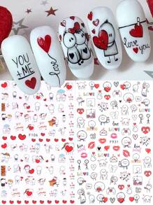 情人节指甲 3D 情人节指甲贴纸 2/4 件装可爱心形红唇卡通图案字母 DIY 浪漫自粘凝胶抛光贴花滑块美甲装饰女士和女孩礼物 - 彩色 - 查看 10
