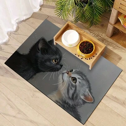 1片可爱猫咪图案宠物喂食垫，高吸水性速干宠物碗垫，易于清洁，橡胶底，四季皆宜，可用作狗笼垫、猫笼垫、宠物笼垫