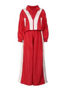 2pcs Set Woven Patchwork Loose Casual Sports Top Jacket With Zipper Pockets And Wide Leg Pockets Pants Suit - 紅色 - 查看 5